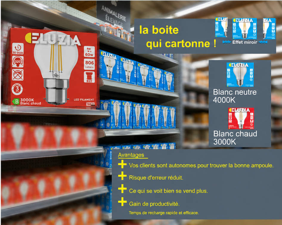 La boîte qui cartonne : présentation des ampoules Eluzia en rayon